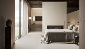 Harmonisk interiør på soverom med flislagt gulv i en lys beige farge