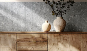 Interiørbilde med ceppofliser kombinert med sjenk i trefarge